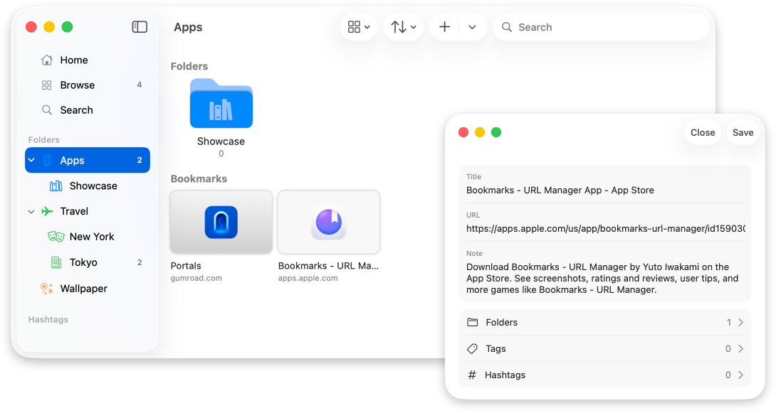 Mac アプリ画面。フォルダと複数カラムのブックマーク一覧で整理している様子。