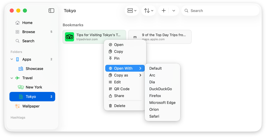 Mac で選択したブックマークを指定のブラウザやアプリで開くコンテキストメニュー。