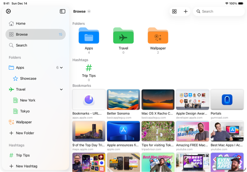 iPad 画面。左側にフォルダのサイドバー、右側にブックマーク一覧を表示。