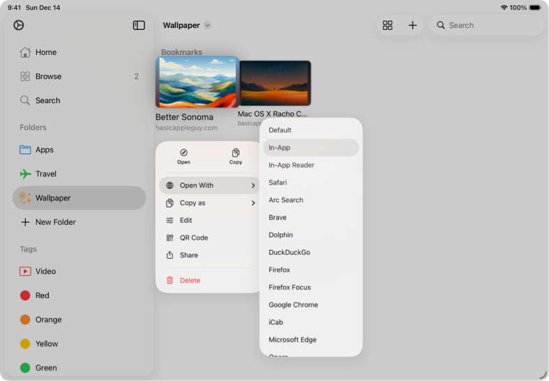 ブックマークのコンテキストメニューで「Open With」が選択され、右側にブラウザ一覧が表示されている画面。