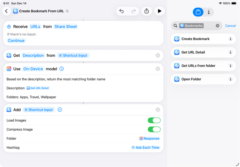 iPad のショートカットアプリで Bookmarks の自動化フローを設定している画面。
