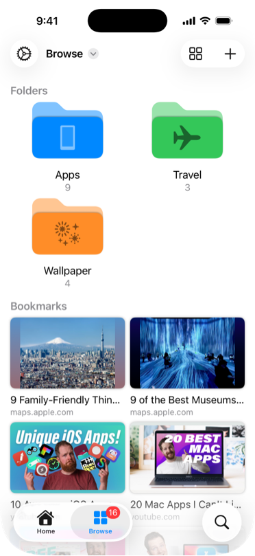 3つのフォルダ: App, Travel, Wallpaper. 下には複数のブックマーク.