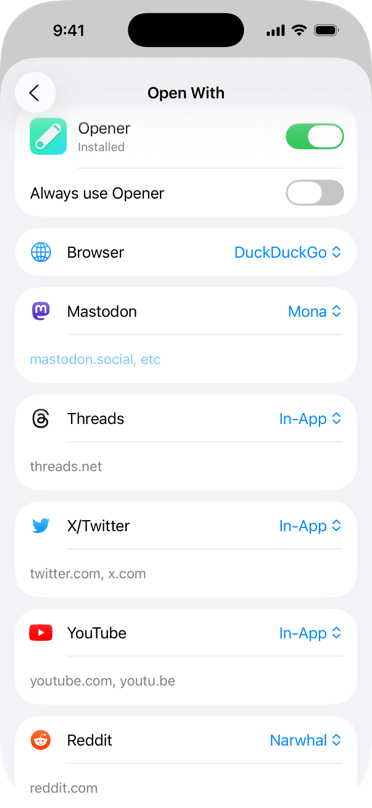 ブラウザ、Mastodon、Threads、X/Twitter、YouTube、Reddit で構成されたリスト。